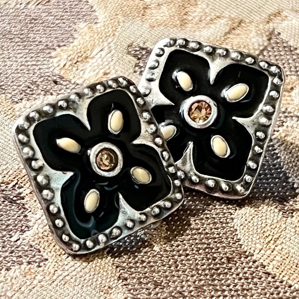 Authentic Vintage Black Enamel Square Studs with Amber Rhinestone